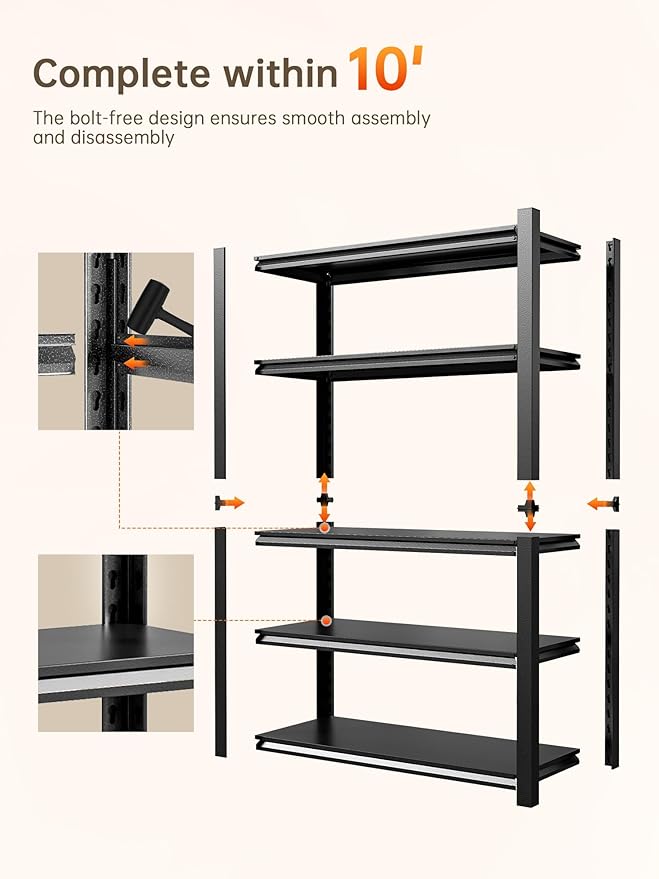 JHYKHG 72" H Storage Shelves,5-Tier Heavy Duty Garage Shelving,Adjustable Shelving Unit,Metal Shelf,Boltless Assembly Rack for Warehouse,Shed,2,500 lb Load,16 x 36 x 72 Inches,Black