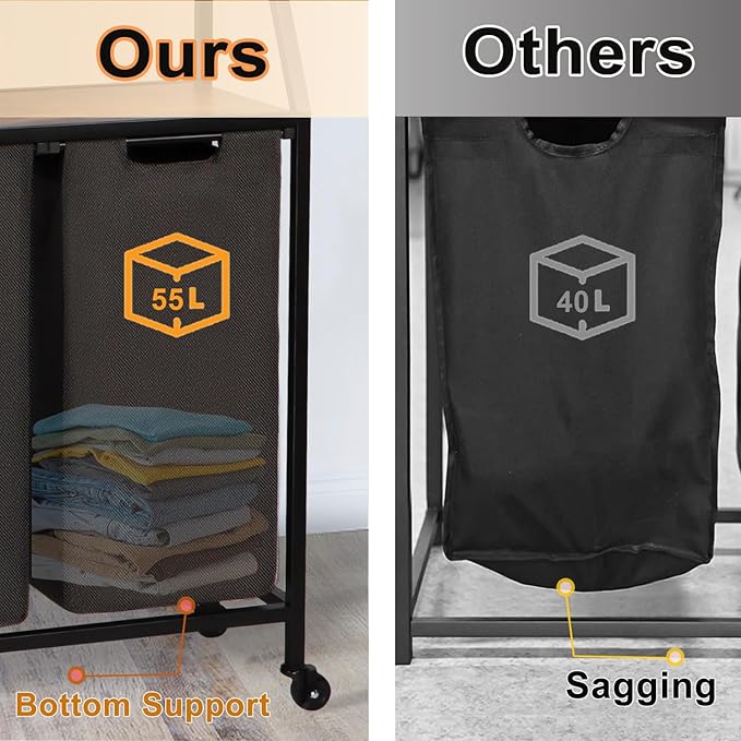 Laundry Hamper, Laundry Sorter 4 Sections, Rolling Laundry Basket with Wheels, 3 Drawers, 4 × 14.5 Gal (55 L), Pull-Out and Removable Oxford Fabric Bags, Black and Rustic Brown