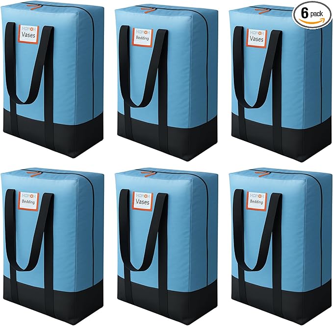 6 Pack Large Moving Bags, Storage Bag with Zipper, Heavy Duty Packing Bags with Internal Compression Straps, Wrap Around Handles, Alternative to Moving Boxes, Blue and Black