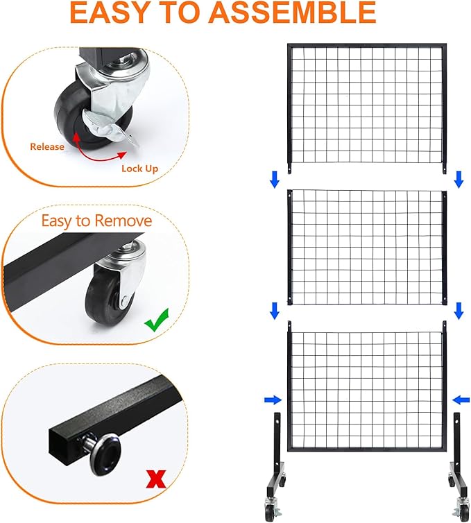 Eastern Tree Grid Wall Panels, Gridwall Panels Stand with T-Base, Black Wire Grid Wall Panel Display with Wheels, Craft Fair Display Rack, Retail Display, 2 Packs 2.5'x 6', Extra More 20 Pieces Hooks