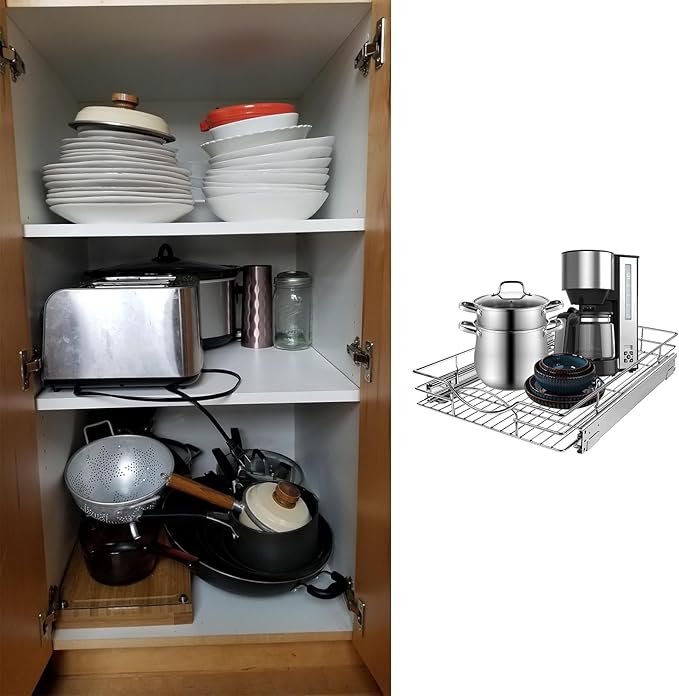 Pull Out Cabinet Organizer 23" W x 21" D, Heavy Duty Kitchen Cabinet Pull Out Shelves, Slide Out Wire Basket for Kitchen Cabinets, Bathroom, Pantry, Chrome Finish