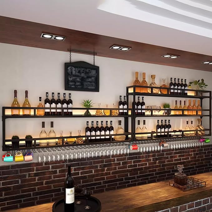 Wall Mounted Wine Rack, Wine Rack Wall Mounted with Wine Glass Rack, Metal Bar Bottle Display Shelf Wine Cups Hanging Holder, for Home Bar Cafe Dining Room Decoration (BLACK, 39.1*10*35.5IN)
