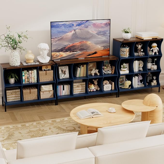 9 Cube Storage Shelf Organizer, Low Book Shelf Bookcase Entryway Table, Wood Closet Storage Display Cabinet TV Stand for Living Room, Office,Bedroom, Dorm, Blue with Natural Top