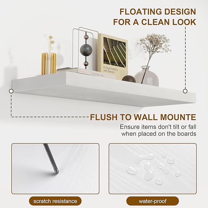 72 Inch Floating Shelves 2 Pack, 8 Inch Deep Floating Shelf Wall Mounted, Large Shelves with Invisible Bracket for Books|Storage, Rustic Wood Wall Shelf for Bedroom, Kitchen, Living Room, White