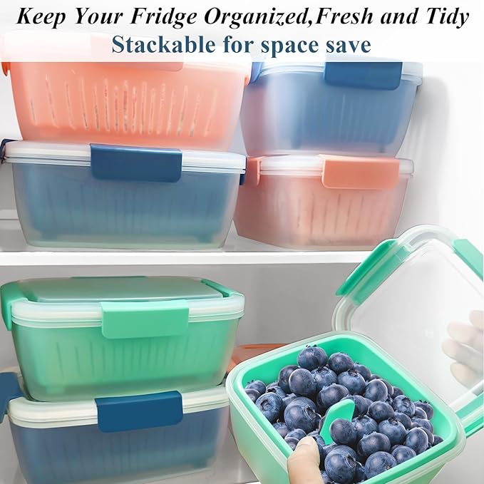 50oz Berry Keeper Fruit Storage Container for Fridge, Fresh Food Produce Saver Containers with Removable Drain Colander, Vegetable Lettuce Keeper Bowl, Refrigerator Organizer, PRESS TO OPEN CLOSE LID