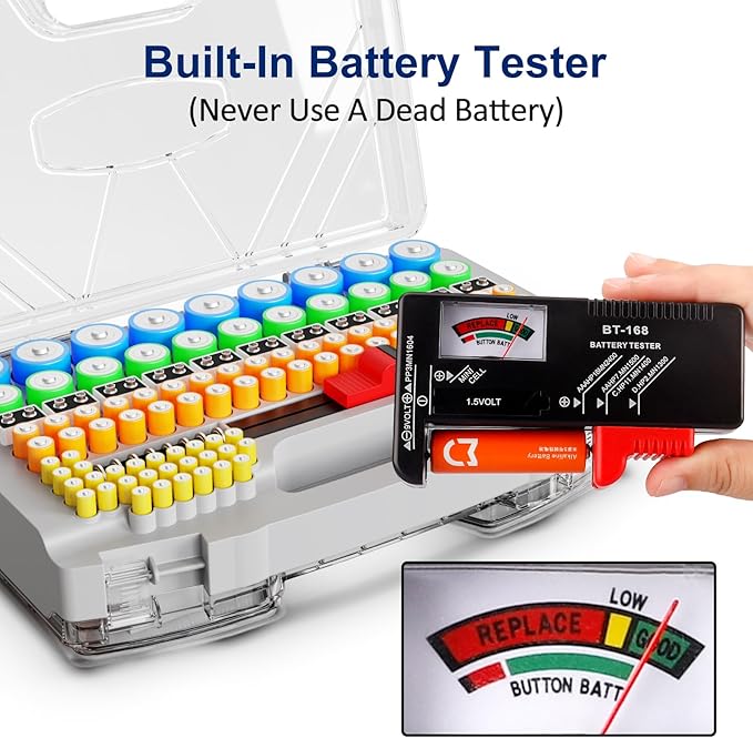 Battery Organizer Storage Holder Box Case with Tester, Stores & Protects Up to 285+ Batteries, Double-Sided and Durable Design,Holds AA AAA 4A C D Cell 9V 3V Lithium LR44 CR2 CR123 (Grey)