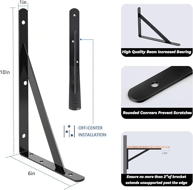 10 Pack L10 x H 6" Heavy Duty Shelf Brackets with Screws Open Floating Shelving Bracket L Brackets Black Metal Shelf Brackets for Shelves, Room, Pantry,Garage
