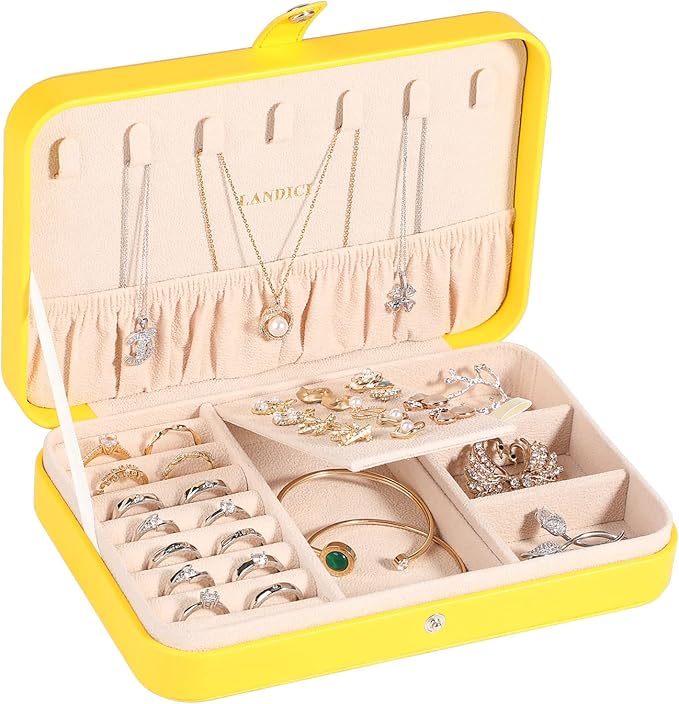 LANDICI Small Jewelry Box for Women Girls, PU Leather Travel Jewelry Organizer Case, Portable Jewellery Storage Holder Display for Ring Earrings Necklace Bracelet Bangle Watch Men Kids Gift, Yellow