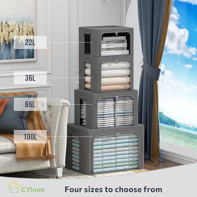 CYhom 3Pack Foldable Storage Bins - Frame Storage Box Linen Fabric Stackable Clothes Container Organizer with Clear Window & Carry Handles Large Capacity (Extra Large-100L, Dark Gray)