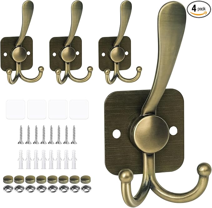 VIS'V 3 Prong Coat Hooks Wall Mount, Metal Self Adhesive Entryway Wall Hooks, 2 Mount Options, Bronze, 4 Pcs