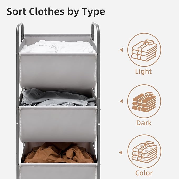 STORAGE MANIAC 120 Liters Vertical Rolling Laundry Hamper, 3 Section Laundry Sorter with Wheels and 2 Breaks, 3-tier Laundry Baskets for Small Space, Dorm, Laundry Room, Closet, Bathroom, Gray 3-tier