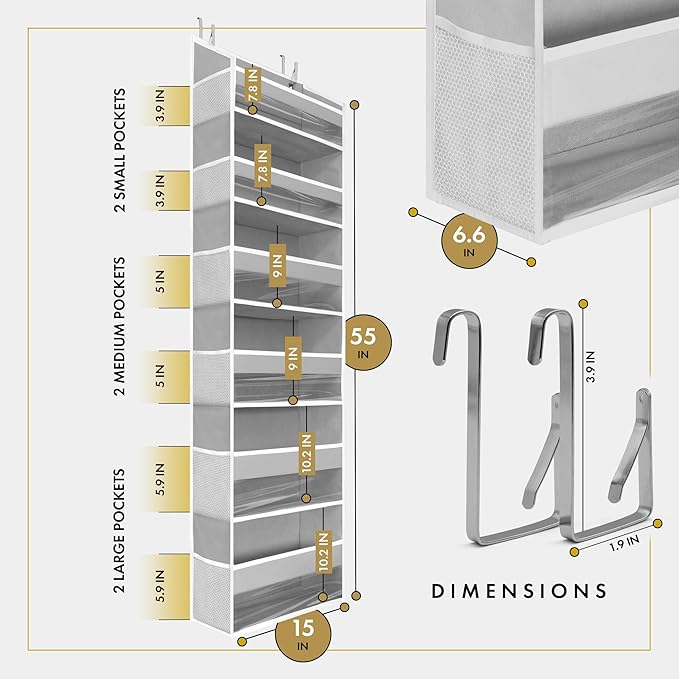 HOMELUX THEORY Over The Door Organizer Hanging - 50lbs Load 6 Large Front & 12 Side Pockets, 1 Pack Over The Door Shoe Organizer, Hanging Closet Organizer For Toys, Diaper, Sewing (Transparent)