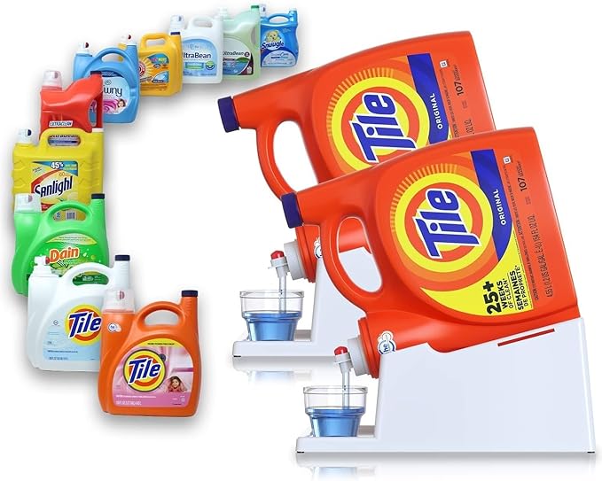 Skywin TidyFriend 2 Pack Liquid Laundry Detergent Holder Stand with Drip Tray & Rubber-Grip Feet, Stand for Laundry Room Organization and Storage, Fabric Softener Dispenser with Cup Holder (White)