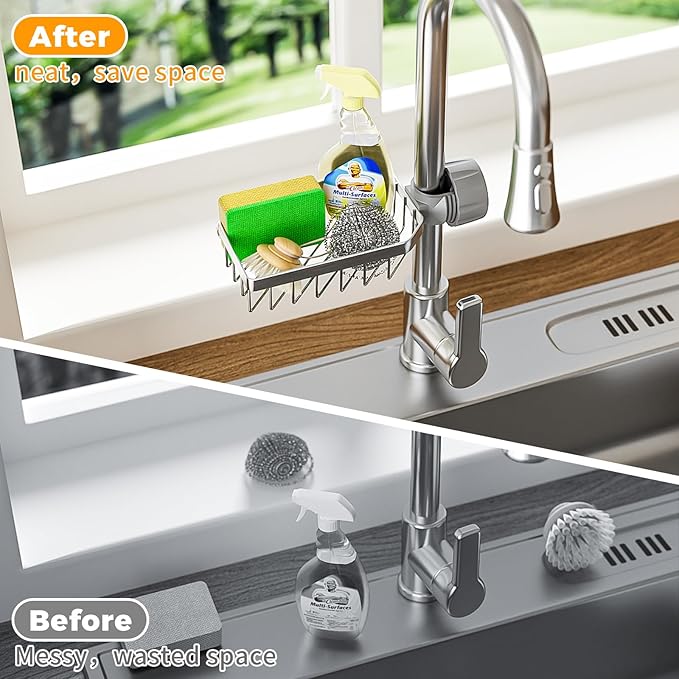 LONIN Sponge Holder Over Faucet Kitchen Sink Caddy Organizer, Stainless Steel Detachable Hanging Faucet Drain Rack for Bathroom, Scrubbers, Soap