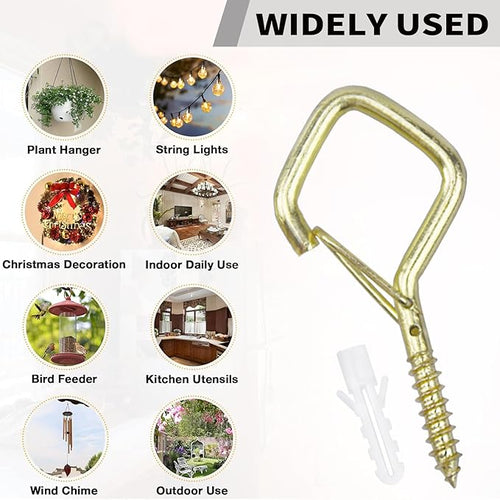 10 PCS Eye Screw Hooks for Hanging Heavy Duty with Safety Buckle.Metal Ceiling Hooks for Hanging Plants,Cup,Wind Chime,Bird Feeders,christmas String Lights at Indoor&Outdoor,2.36 Inch(No Drill Bit)