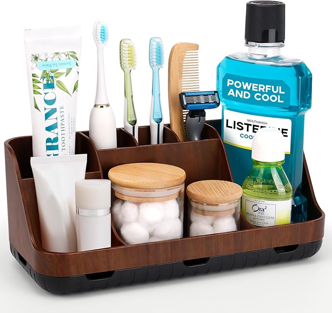 Wood Toothbrush Holders for Bathrooms Countertop Organizer - Detachable 7 Slots Kid Bathroom Decor and Accessories, Wooden Bathroom Sink Storage Organization, Caddy, Tray, Brown