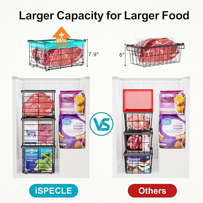 iSPECLE Freezer Organizer Bins - 3 Pack Large Deep Freezer Organizer Bins for 5 to 7 Cu.Ft Chest Freezer, Stackable Easy Access Food No More Digging, Sturdy Metal Wire Basket Not Scratch Bottom, Black