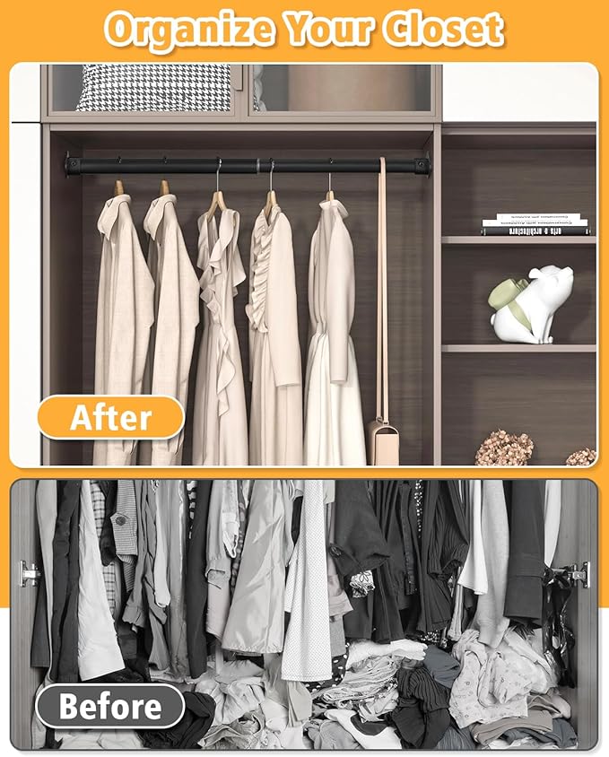 Closet Rod, 17 to 52 Inch Heavy Duty Adjustable Metal Clothing Rack for Hanging Clothes, Closet Poles for Wardrobes, Laundry, Durable Steel, Black