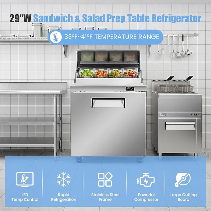29" W Commercial Refrigerator Sandwich Salad Prep Table, Stainless Steel 1-Door Sandwich Prep Table Refrigerator, Counter Fan Cooling Refrigerator with 8 Pans for Restaurant, Bar