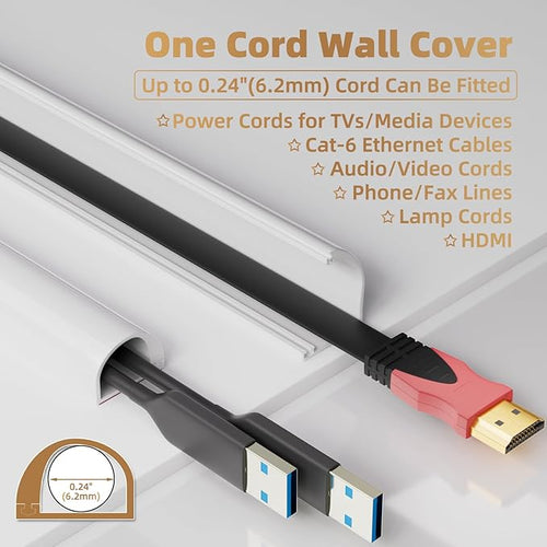 118" Side Open One Cord Hider (<1/4") for Wall Mounted Tv,Extension Cable Cover to Hide Conceal Cords Along Wall,Wire Raceway Management Cable Concealer Channel,Electric Cord Organizer Wiremold,White