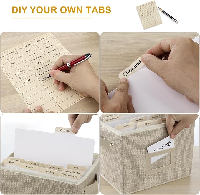 Greeting Card Organizer Box with 16 Dividers,Collapsible Greeting Card Storage Box with Handles Hold 150+ Cards,Greeting Card Holder for Greeting Cards,Sticker, Recipes, Photo, Envelope (Beige, 2 pcs)