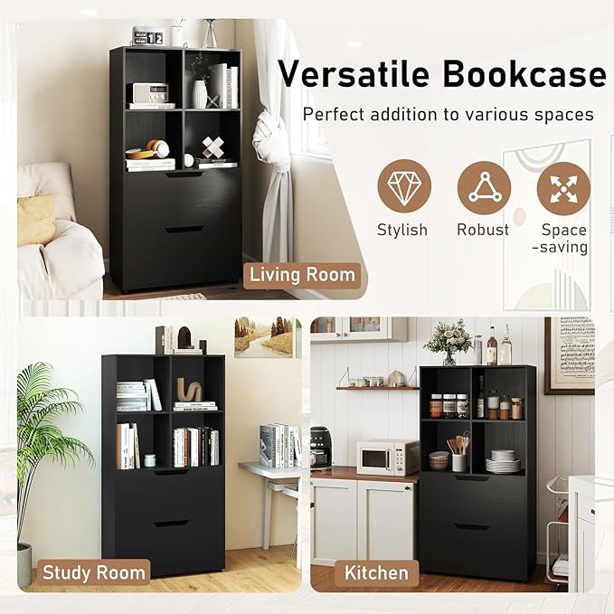 Giantex Bookshelf with 4 Cubes & 2 Drawers, 51” Tall Floor Bookcase with Anti-tip Kits, Freestanding Display Rack Storage Organizer for Study, Living Room, Home Office (Black)