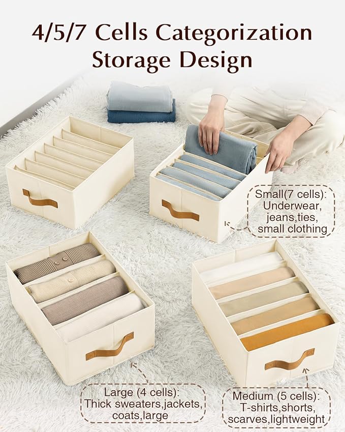Clothes Organizers and Storage - 4/5/7 Grids Fabric Jeans Organizer with Handles, Foldable Closet Organizers Dividers, Wardrobe organizer for Pant, Sweater, T-shirt, Scarf, 3 Pack, Beige