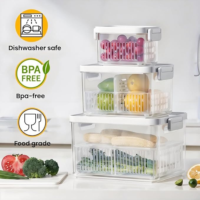 vacane Clear Fruit Containers for Fridge with Timing Knob, Produce Saver with Lids & Colanders, Dishwasher Safe Berry Containers, Keep Vegetable Food Fresh