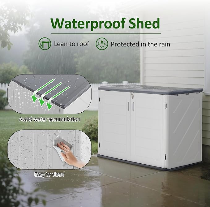 Macrout 25 Cu.Ft Small Plastic Outdoor Storage Cabinet with Floor, 4.3 x 2.5 ft Waterproof Resin Outdoor Storage Shed, Lockable Horizontal Shed for Garden and Patio