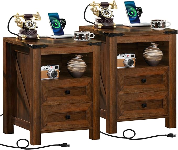Nightstands Set of 2 with Charging Station, Farmhouse Side End Table with 2 Drawers and Open Shelf, Wood Rustic Sofa Table, Bedside Cabinet for Bedroom, Living Room, Closet, Office(Brown)