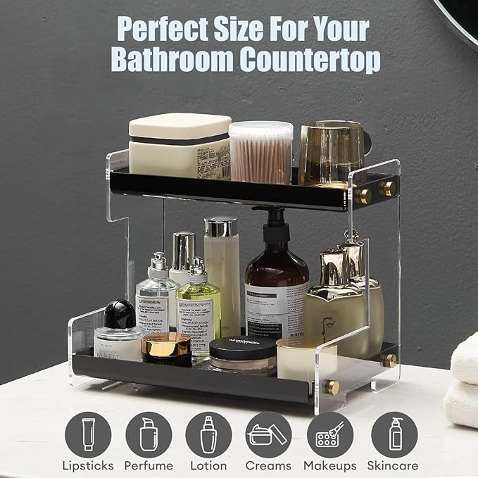NEWRAIN 2-Tier Bathroom Organizer Countertop for Cosmetics, Makeup, Vanity Holder for Lipstick, Black Cabinet Storage