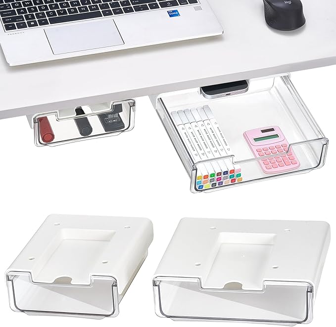 2 Pack Under Desk Hanging Drawer Slide Pull Out, Attachable Clear Acrylic Storage Tray, Easy Hidden Self Adhesive Mount Cabinet Shelf Holder for Tables, Home & Office, Counters, Workstation