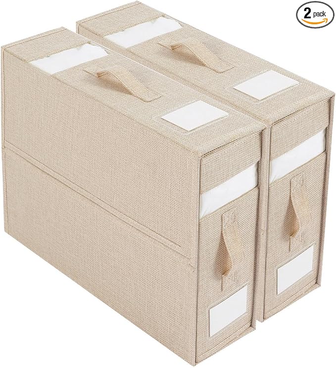 Linen Closet Organizers and Storage for Bedding Thin Blanket, Folding Sheet Storage Organizer with Visible Window (Beige)