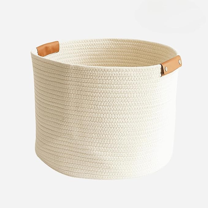 Large Cotton Woven Blanket Basket with PU Leather Handle, Kids Clothes Toys Gifts Organizer, Living Room Basket Bathroom Shower Storage Laundry Basket, White