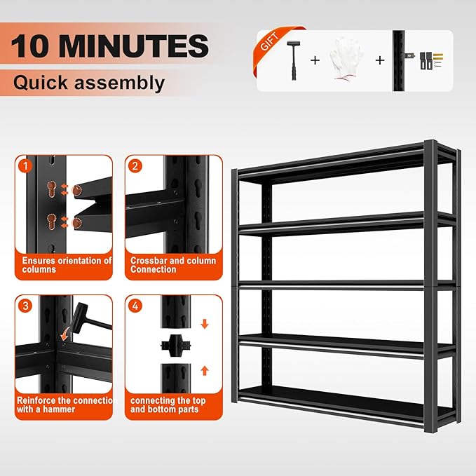 72" H Garage Shelving, Heavy Duty Storage Shelves, 3000LBS Garage Shelving, 5-Tier Easy Assembly Adjustable Shelf for Industrial, Warehouse, Basement (H72'' W48'' D24'')