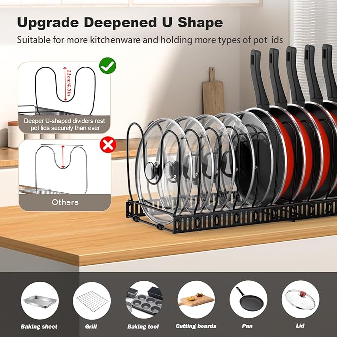 Housolution Pot and Pan Organizer Rack for Cabinet, Expandable Pot Lid Organizer Holder with 14 Adjustable Dividers, Fully Expanded Size 22.83" W x 7.09" D x 7.09" H, Black