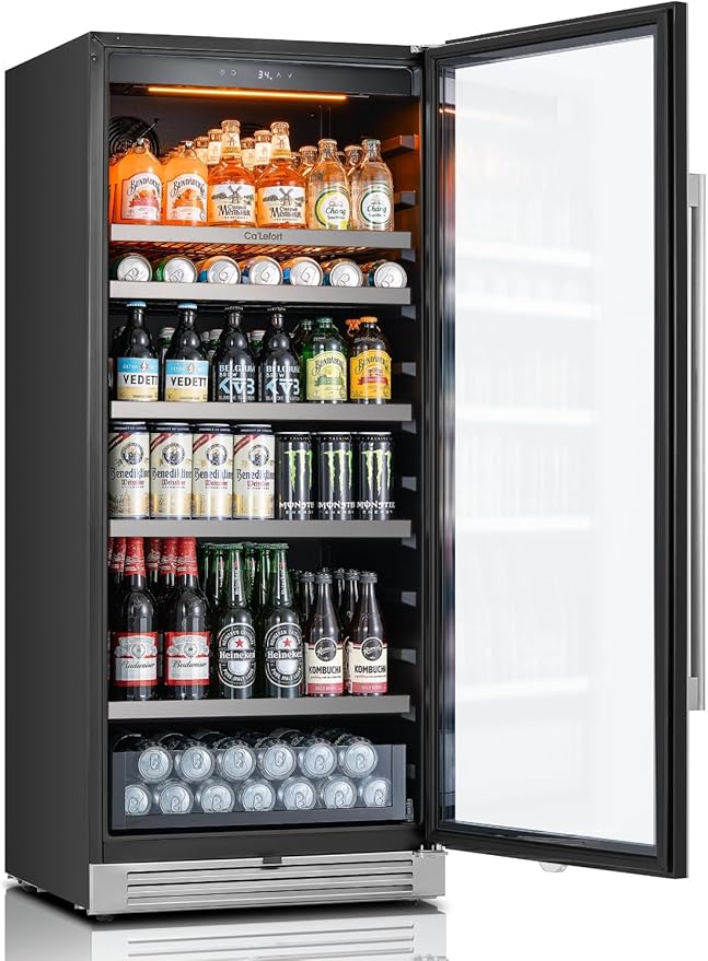 Ca'Lefort 24 Inch Beverage Refrigerator, 238 Cans Tall Beverage Fridge with Glass Door, 40-65°F Drink Fridge with 3 LED for Bar/Kitchen/Office, Freestanding or Built-In Beer Cooler for Beer/Soda/Wine