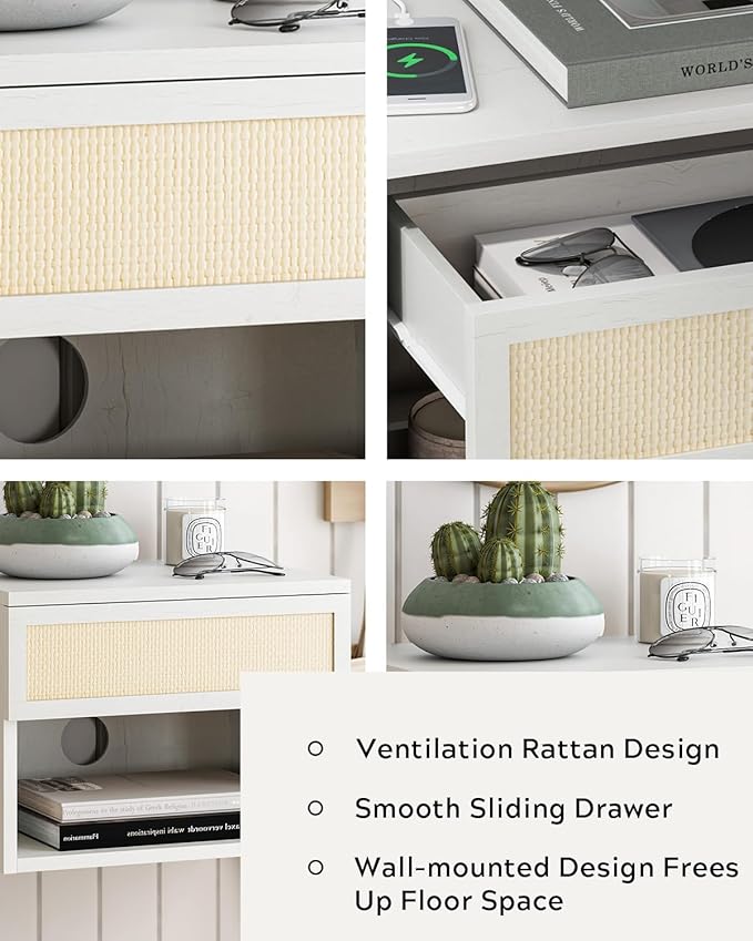 Rattan Floating Nightstands Set of 2, Wall Mounted End Table with Drawer and Open Compartment Modern Wood Bedside Night Stand Storage Cabinet for Bedroom Living Room, Antique White