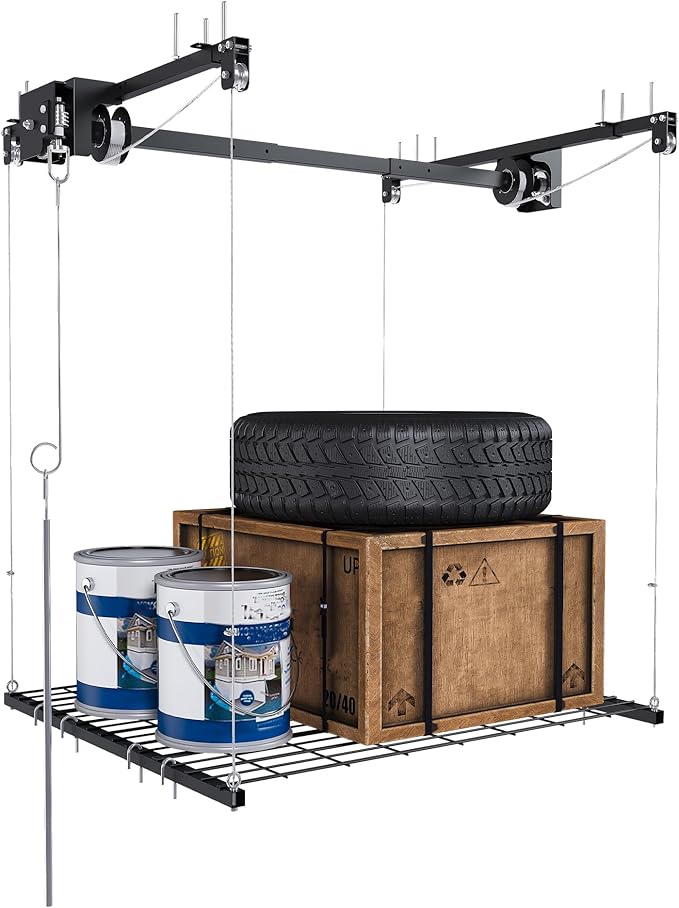 Overhead Garage Storage Rack 4x4 FT, Adjustable Ceiling Lift Storage System for 10–12 FT Ceilings, Heavy-Duty Steel Overhead Shelf with Crank Handle, Safety Lock, 250 lbs Capacity