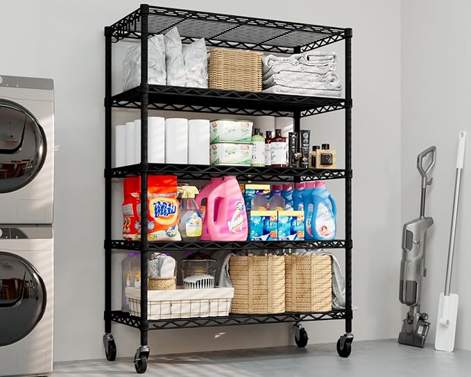 PrimeZone Wire Shelving Unit with Wheels, 5 Tier Adjustable NSF Certified Heavy Duty Metal Storage Shelves, Pantry Organizer Rack Rolling Kitchen Shelf for Closet, 24" W x 18" D x 75" H, Black, 4 PCS