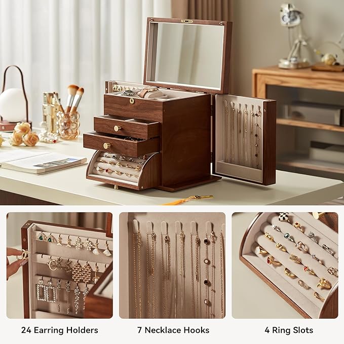 CHOSIN Black Walnut Wooden Jewelry Box, 4-Layer Lockable Organizer with Mirror, Rotatable Ring Holder,Side Doors & Brass Handle, Classical Design for Rings, Necklaces, Earrings, Christmas Gifts