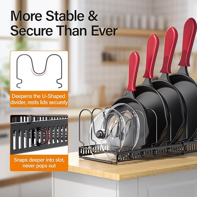 ORDORA Pots and Pans Organizer Under Cabinet, Expandable Cutting Board Pot Lid Organizer for Cabinet Holder with 10 Adjustable Dividers for Kitchen Storage