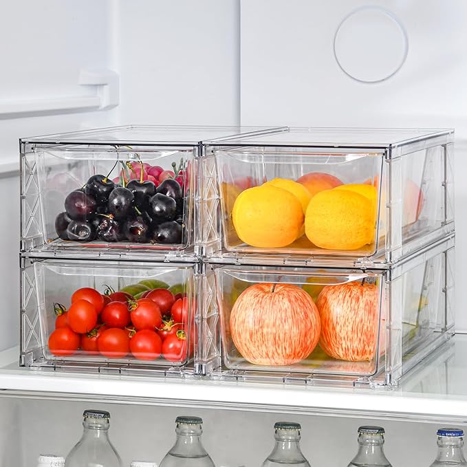 4Pack Clear Stackable Kitchen Storage Organizer,Pantry Organizers and Storage,Foods Organizer Bins with Handles, Easily Assemble for Bathroom, Kitchen, Refrigerator, Pantry, Cabinet, Closet