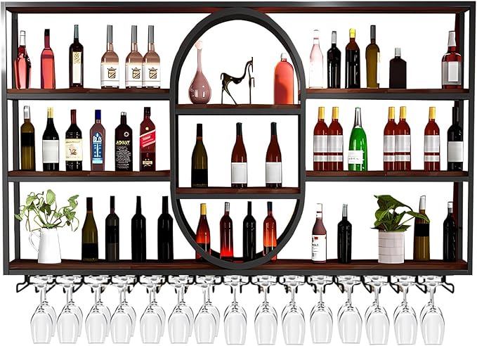 63IN Large Wall Mount Wine Rack, Metal 4 Tier Hanging Bottle Holder with Wine Glass Storage Racks, Modern Floating Wine Shelves for Home Bar Dining Room Decoration (Black)