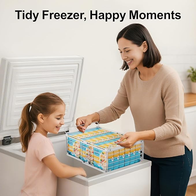 iSPECLE Freezer Organizer Bins - Fit 10 to 20 Cu.FT Deep Freezer, 8 Pack Large Expandable Stackable Chest Freezer Organizer Sort Frozen Food Easy to Get Food from Bottom without Digging, White