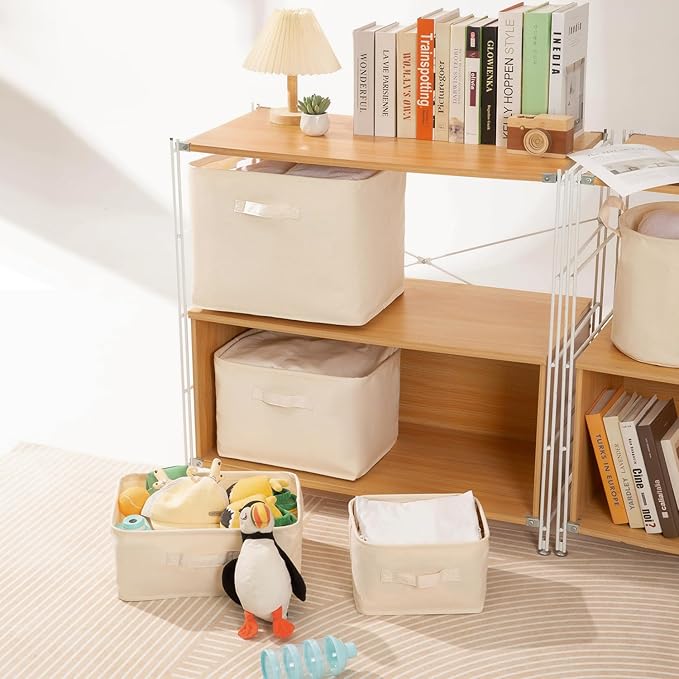 Foldable Storage Bins with Lids Cotton Canvas Rectangular Storage Box Ideal for Organization Lightweight and Durable (13.78 x 9.45 x 9.45)