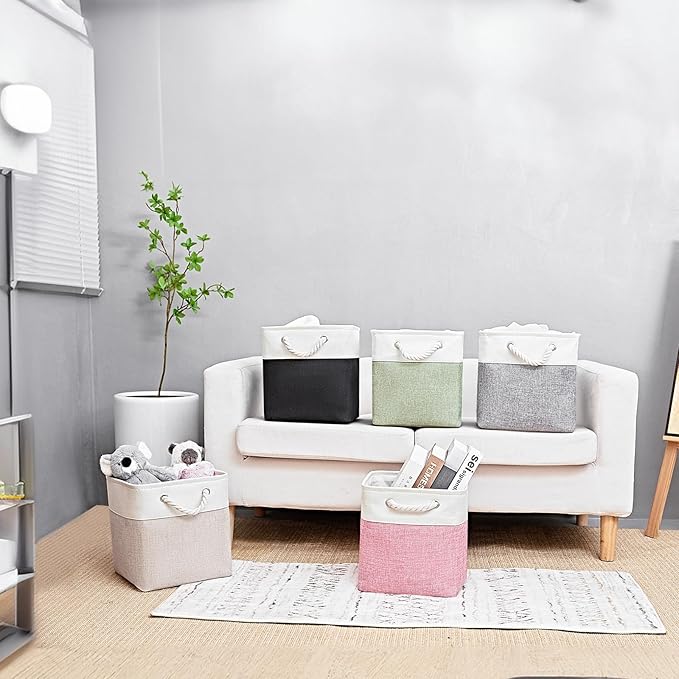 Fabric Storage Cubes, 11 inch cube storage bin with Handles, 11x11cube storage organizer bins, Collapsible Storage Bins for Shelves and Home, Cubby Storage Bins (White-Pink, 10.5x10.5x11in)