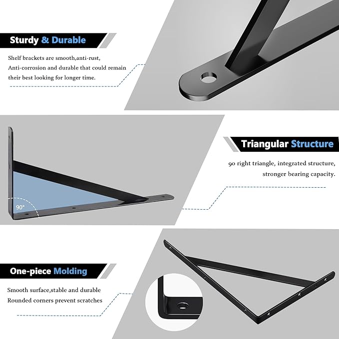 10 Pack L 6" x H 4" Heavy Duty Shelf Brackets with Screws Open Floating Shelving Bracket L Brackets Black Metal Shelf Brackets for Shelves, Room, Pantry,Garage