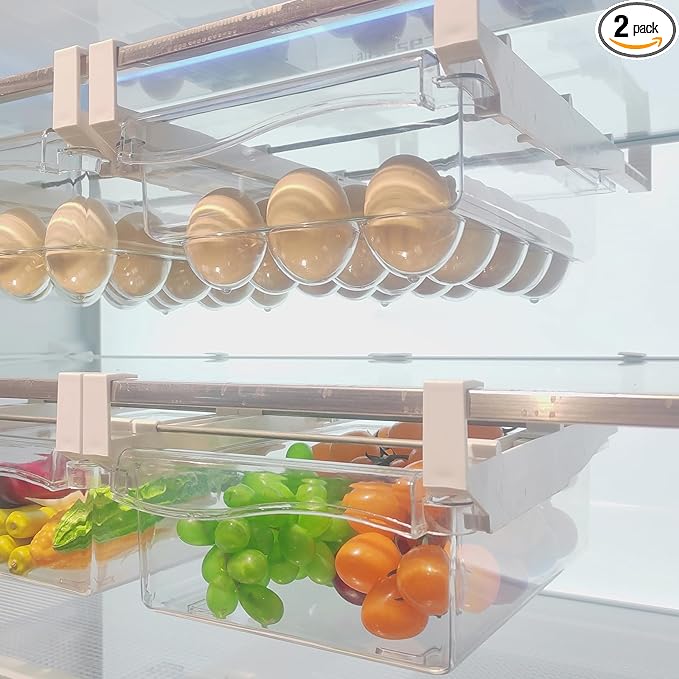 URALFA 2 Pack Fridge Drawer Organizer Egg Holder For Refrigerator Pull Out, Refrigerator Drawers for Fruit and Vegetable, Transparent Organization and Storage Box Fit for Fridge Shelf