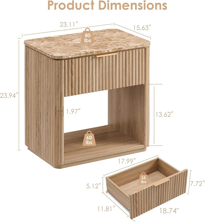 Fluted Nightstand with Drawer, Bedside Table with Faux Marble-Top, Engineered Wood Side Table with Open Shelf, Curved Corners, Metal Handle, Modern Night Stand for Bedroom, Small Spaces, Natural Oak